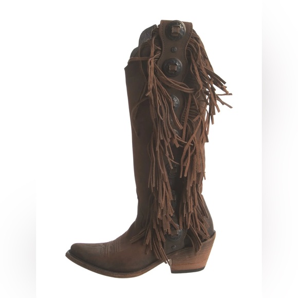 Like New, With Box Liberty Black Brown Fringe Trim Heeled Ophelia Cowboy Boots - Picture 3 of 17